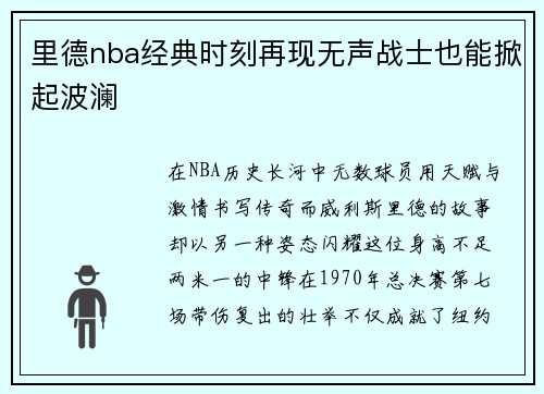 里德nba经典时刻再现无声战士也能掀起波澜